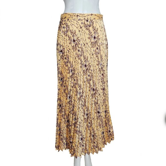 SANDRO PARIS YELLOW/BROWN LILOU FLORAL PLEATED MIDI SKIRT (2) - Picture 1 of 7